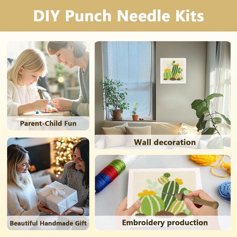 DOODLREAM Cartoon Cactus DIY Punch Needle Embroidery Kit for Adult Beginner, 9.4" Cactus Punch Stitching Craft Set for Starter with Frame, Fabric Pattern, Threader, Yarn, Pinch Needle - Image 4